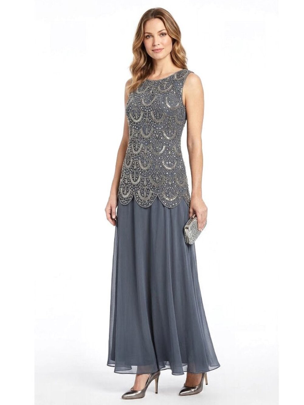 Pisarro Nights Beaded Scalloped Gown Maxi Dress, Slate Blue, Womens Size 10